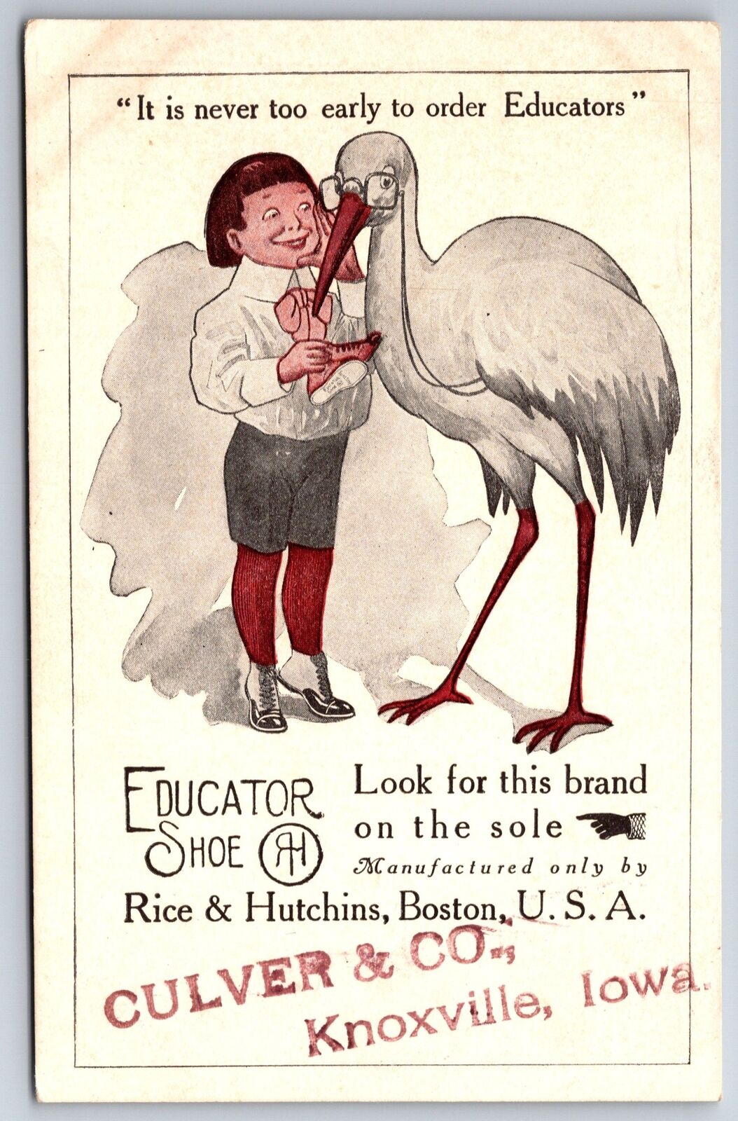 Knoxville Iowa~Culver & Co~Rice & Hutchins Boston~Educator Shoe Boy With Stork