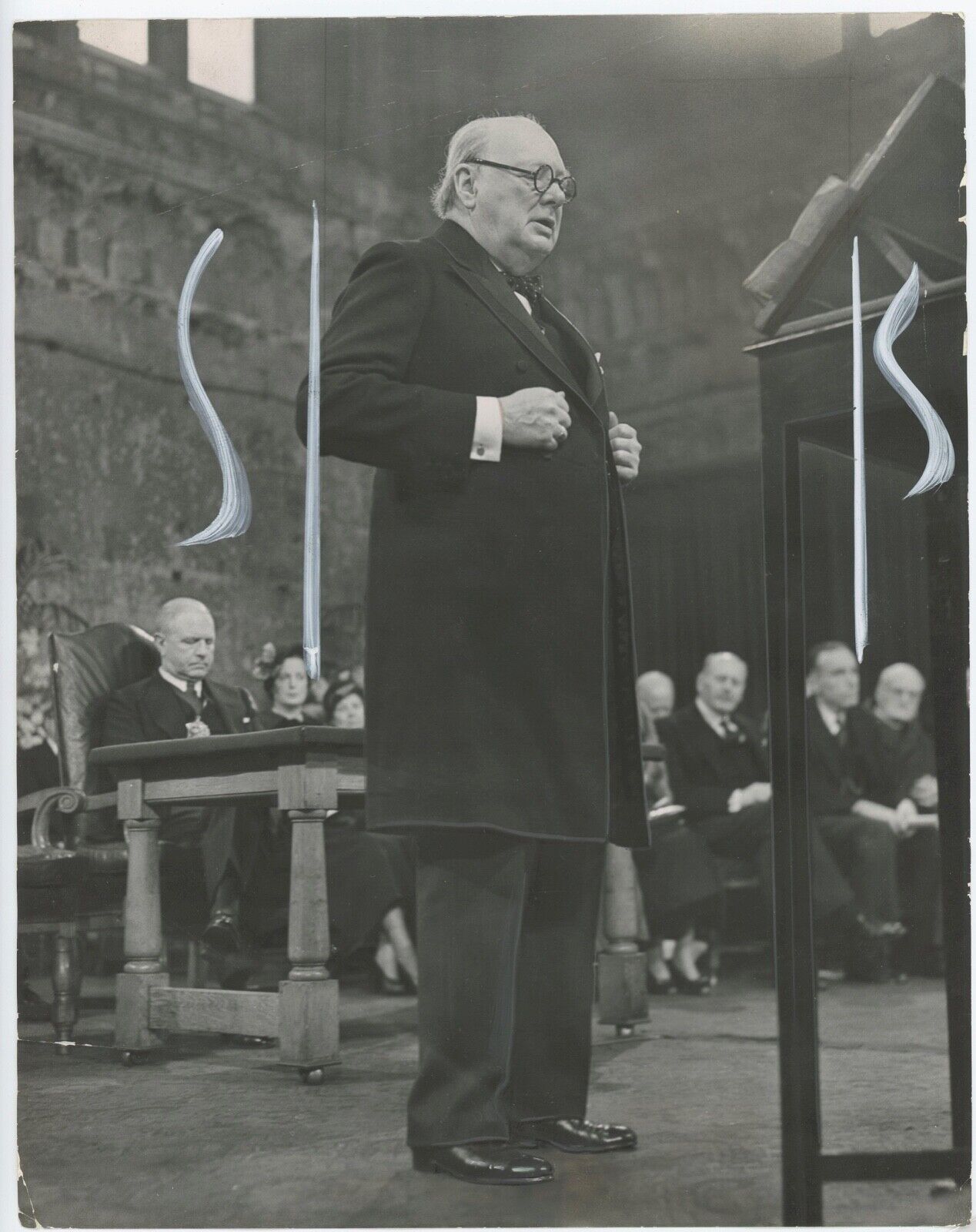 3 February 1949 press photo of Churchill giving a speech in London's Guildhall