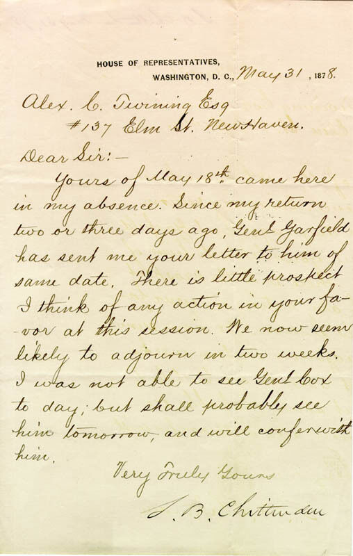 SIMEON B. CHITTENDEN - MANUSCRIPT LETTER SIGNED 05/31/1878