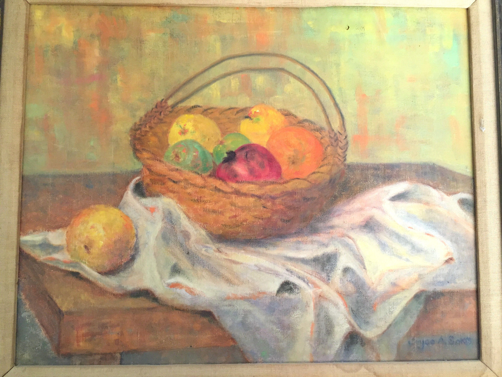 Joyce Saks painting acrylic canvas fruit basket still life framed female
