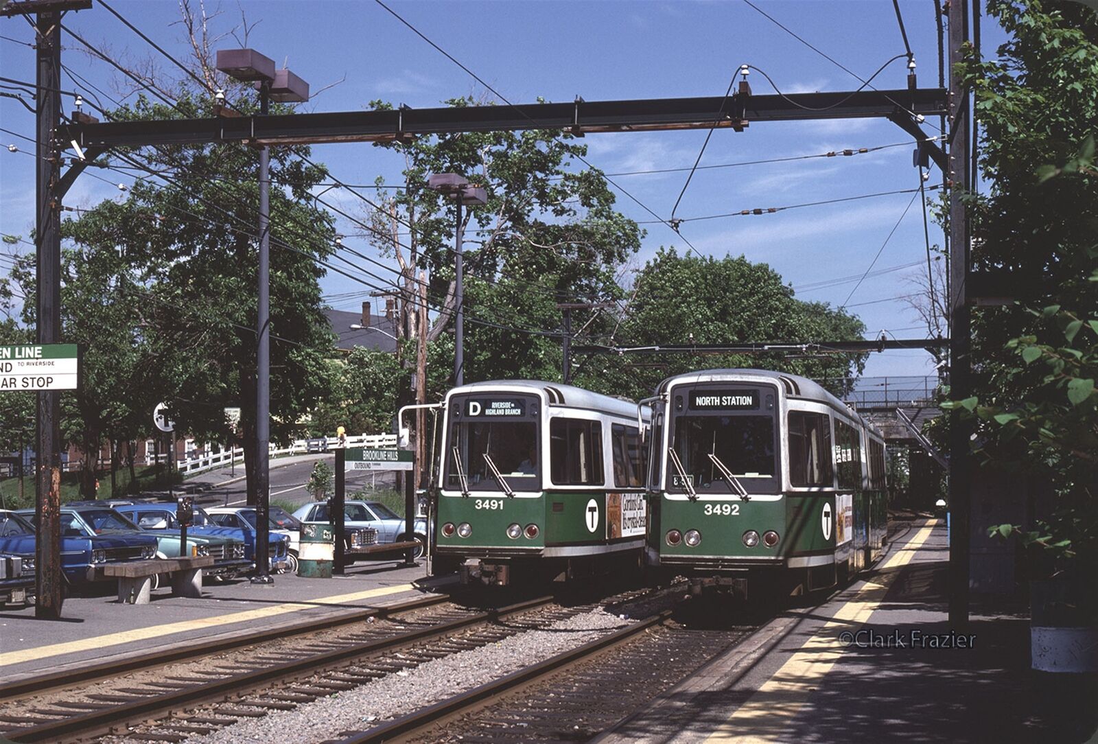 MBTA 3491 & 3492 meet at Brookline Hills Station 1980 original Kodachrome Slide