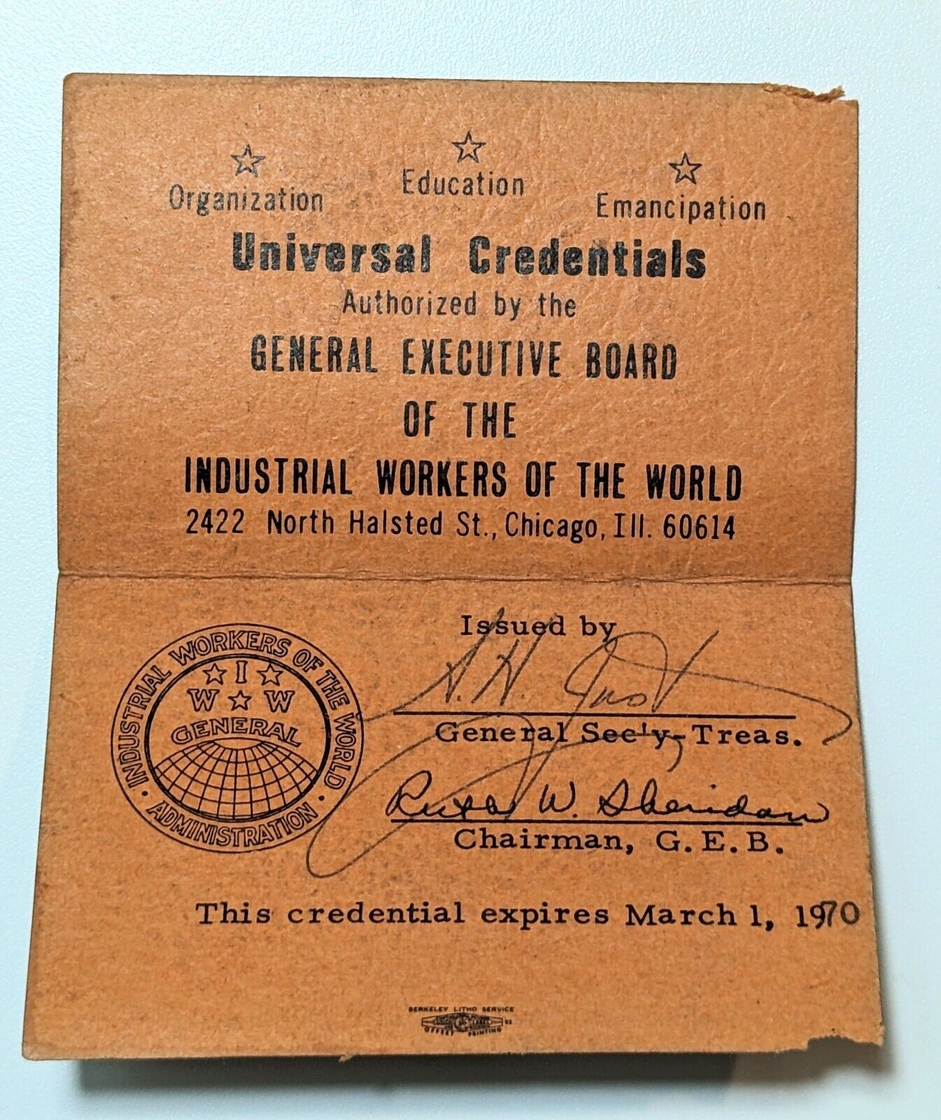 I.W.W. Universal Credentials Of Official Union Delegate Scott McNeil, Dec. 1969