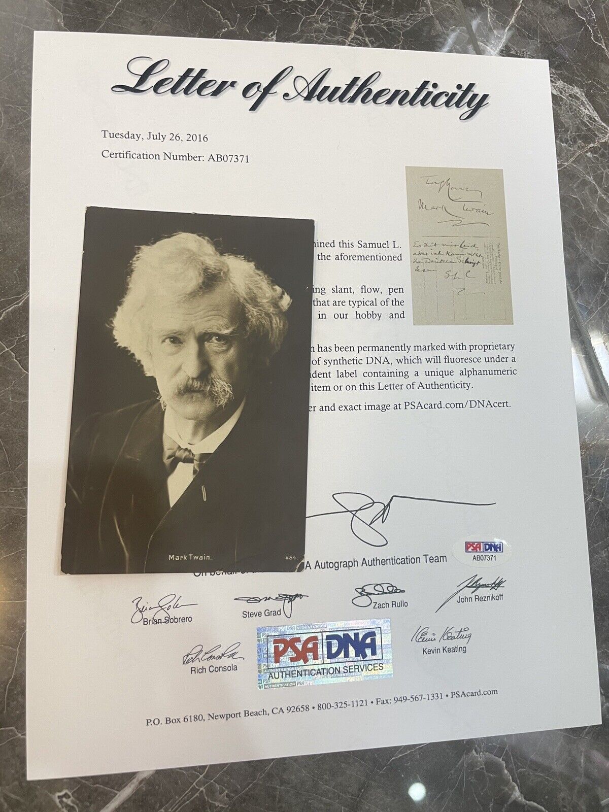 Samuel Clemens,Mark Twain Signed Autographed postcard photo PSA LOA Rare