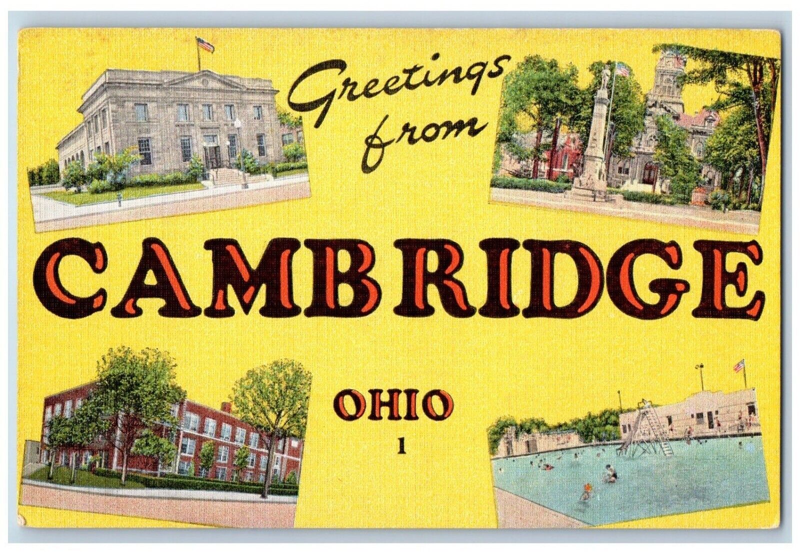 Cambridge Ohio Postcard Greetings Multiview Exterior View c1940 Vintage Antique