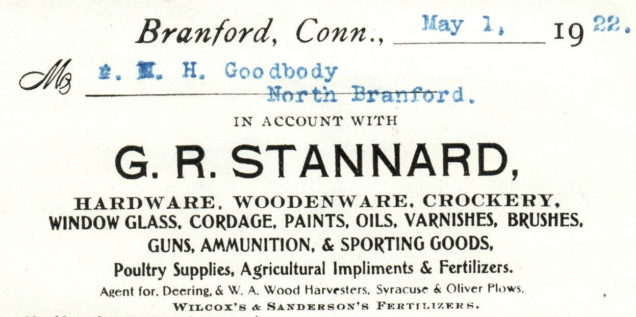 Branford Connecticut Stannard Hardware Guns Ammunition Sporting Goods Billhead