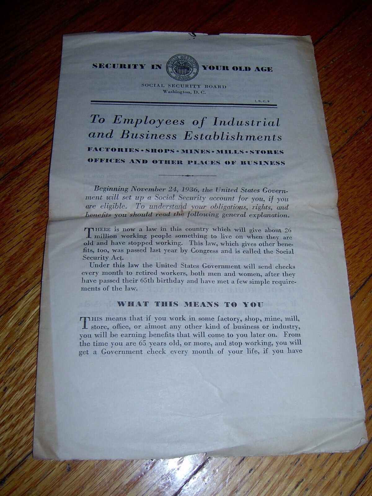 VERY RARE-1936 SOCIAL SECURITY PAPER -THE BEGINNING OF SOCIAL SECURITY