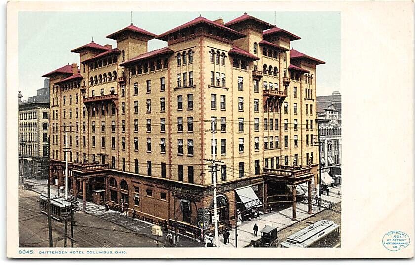 Ohio-Columbus-Chittenden Hotel-Trolley-People-Detroit Publishing-1904 Postcard