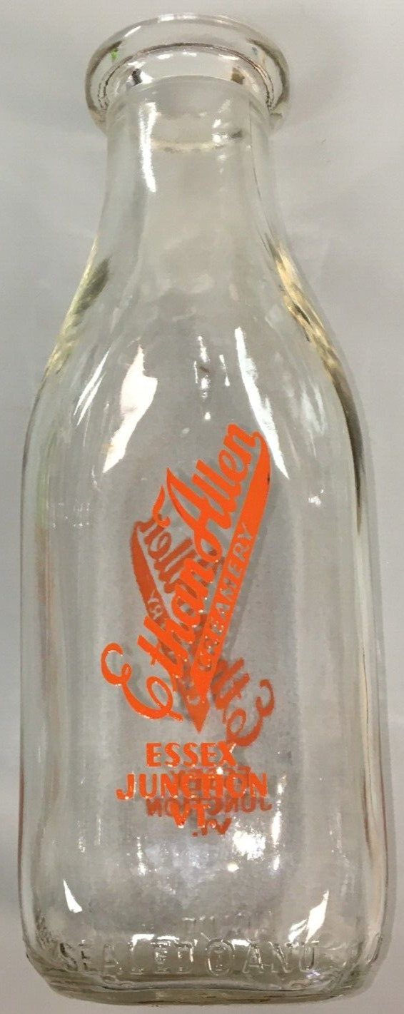 Vintage milk bottle ETHAN ALLEN CREAMERY pyro quart TSPQ Essex Junction Vermont