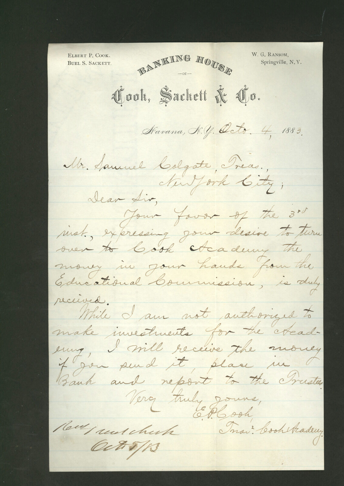 signed 1883 letter - Cook Academy to Samuel Colgate - Cook Sackett Banking House