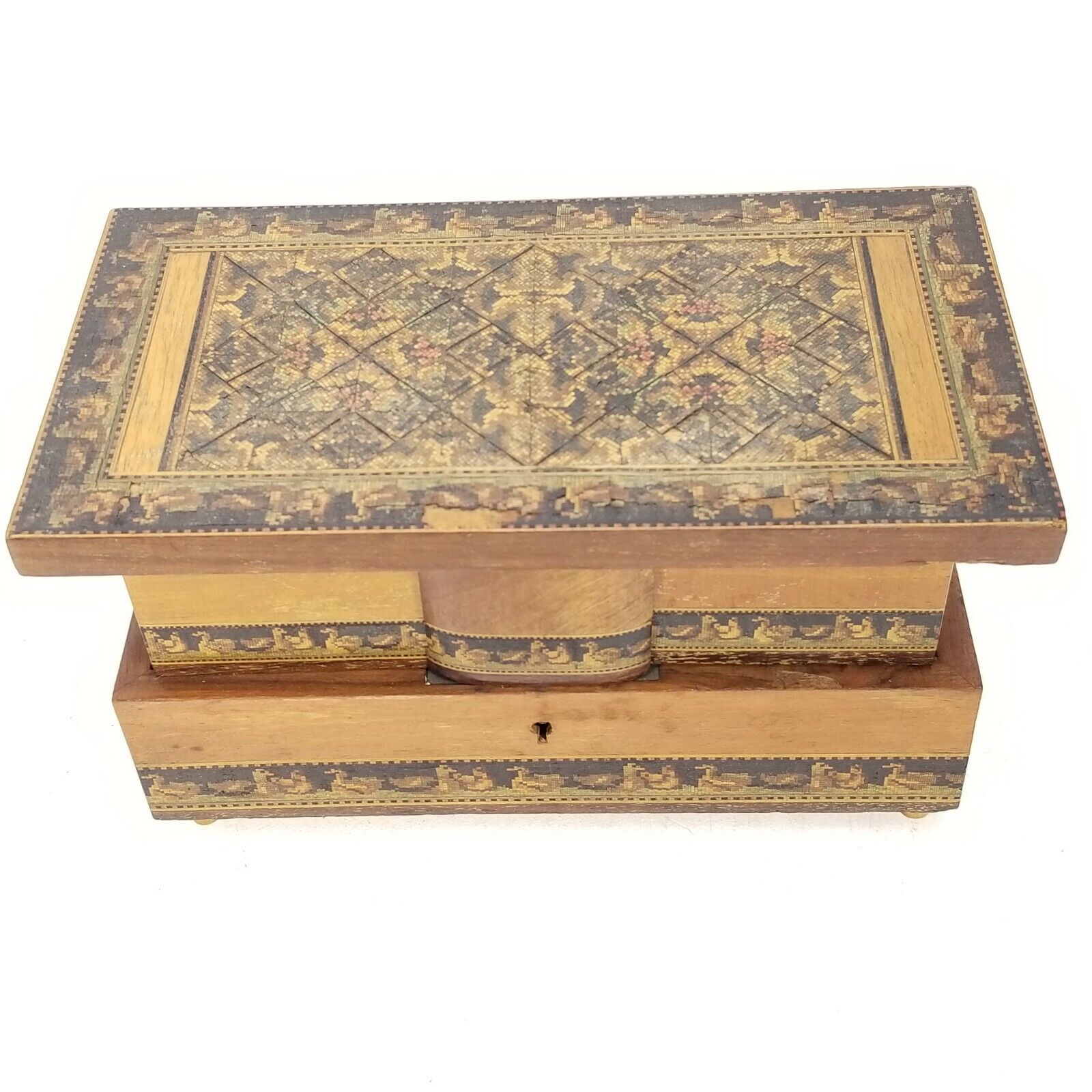 Antique Tunbridge Inlaid Wood Jewelry Dresser Box Fold Out Compartments Orig Key