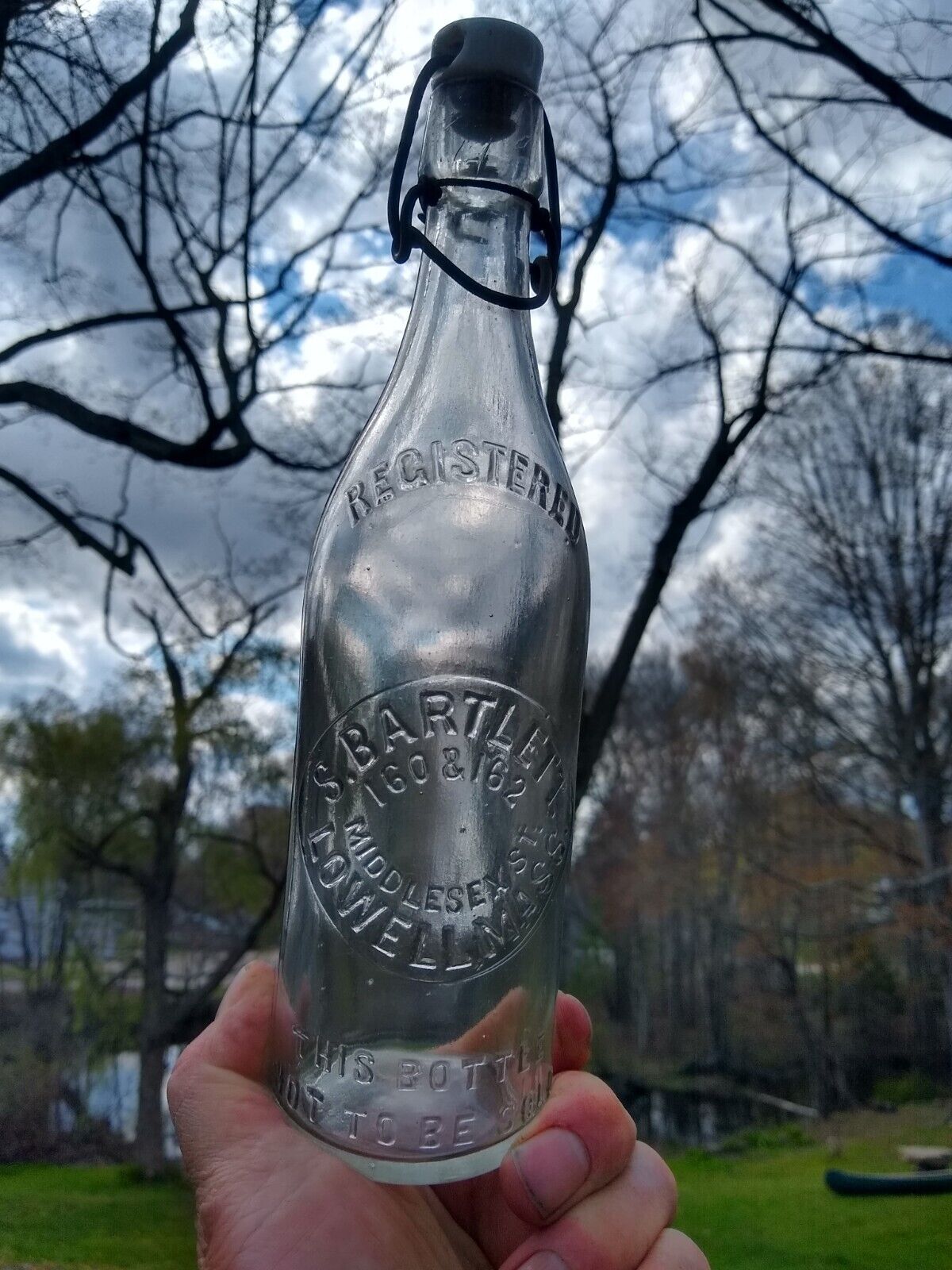 1890s S. Bartlett of LOWELL MA Embossed AQUA Beer Bottle with WIRE BAIL Cap