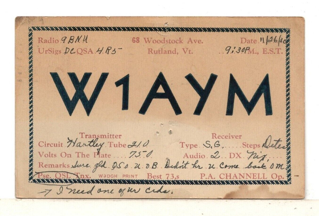 1930 QSL – W1AYM – P.A. Channell – Rutland, Vermont