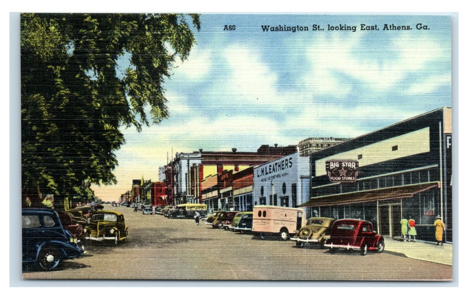 Postcard Washington St, looking East, Athens GA linen unused W26