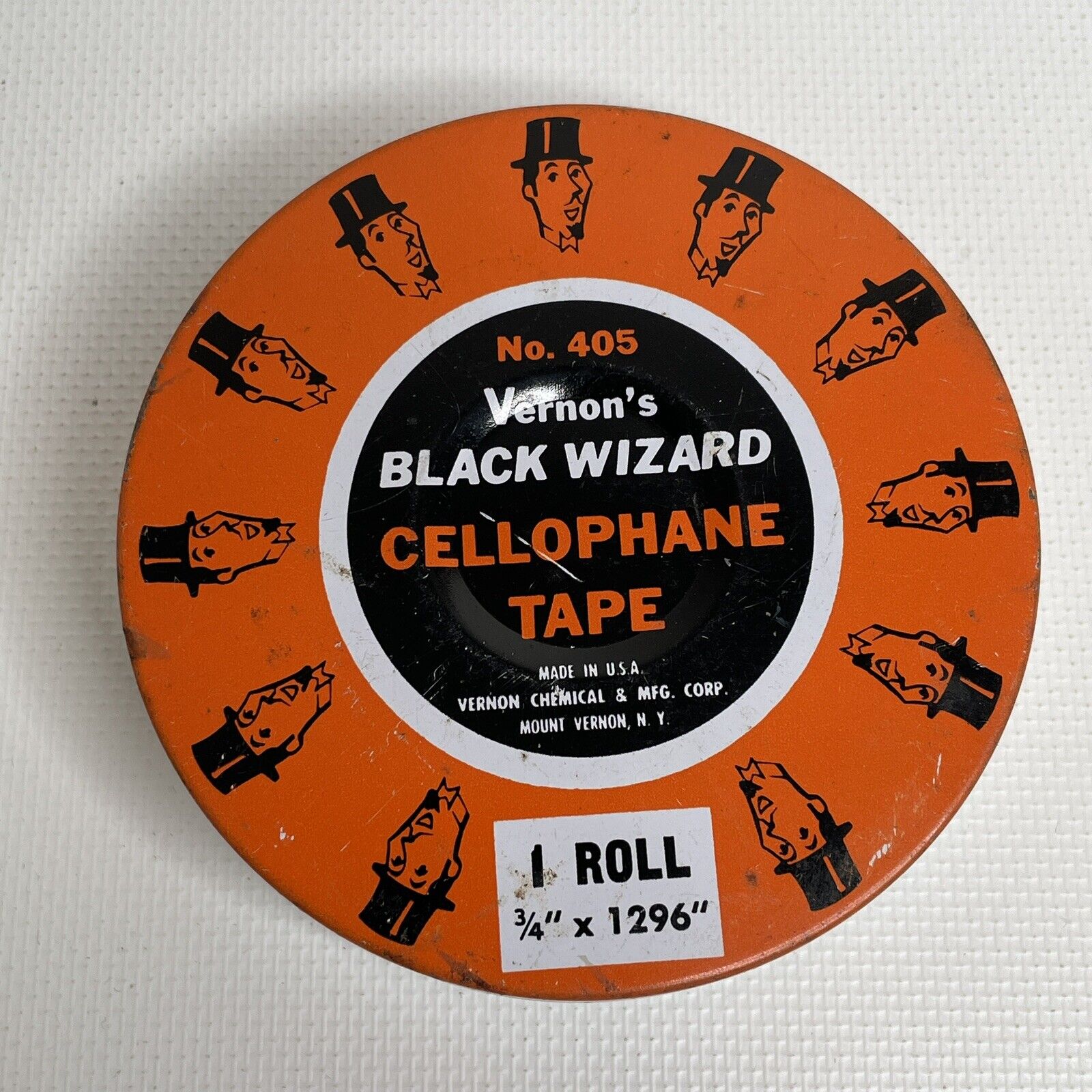 Vintage Vernon\'s Black Wizard Cellophane Tape Round Metal Container No. 405