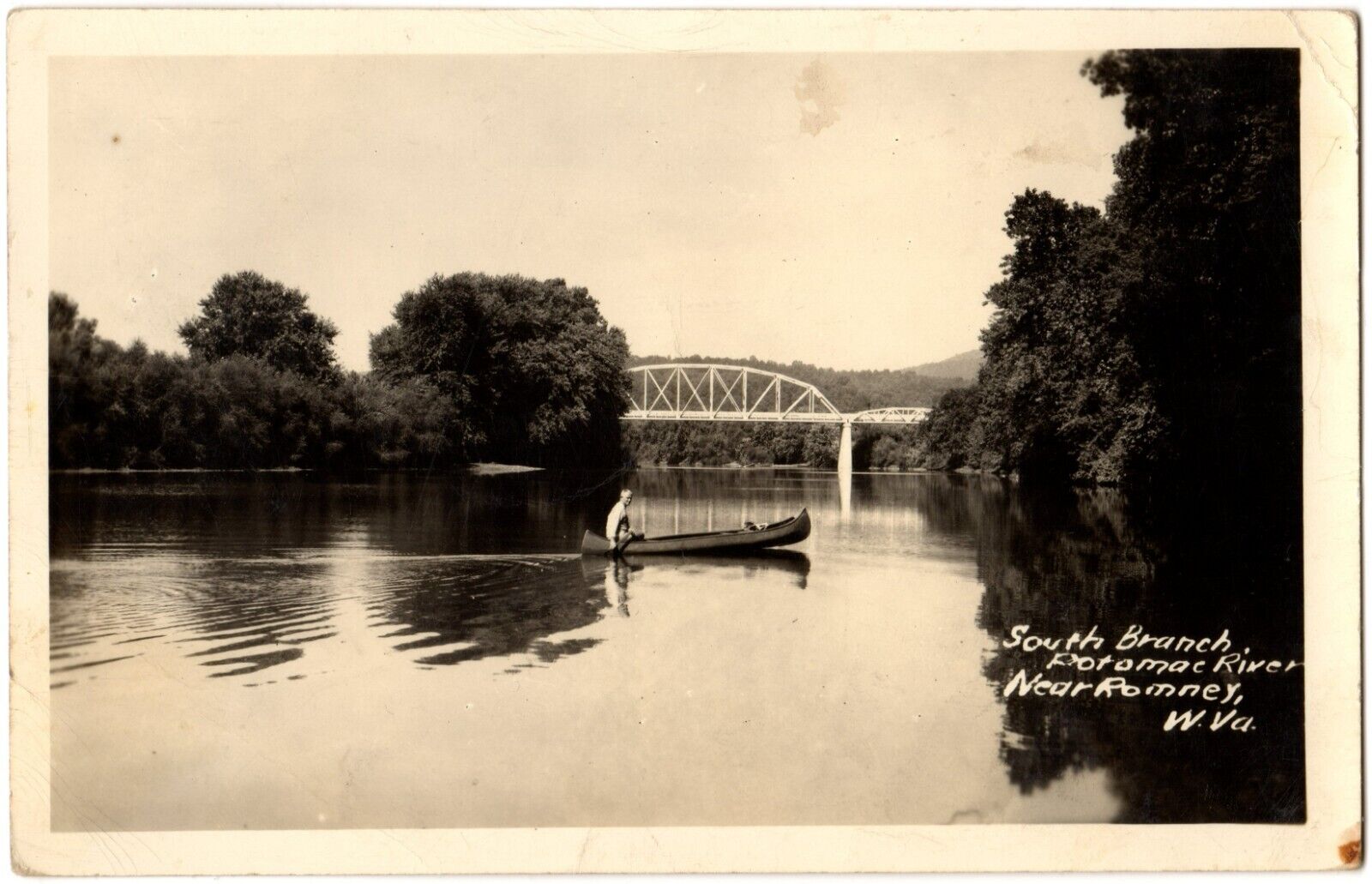 ROMNEY, WV RPPC - Potomac River, Man in Canoe, West Virginia Real Photo Postcard