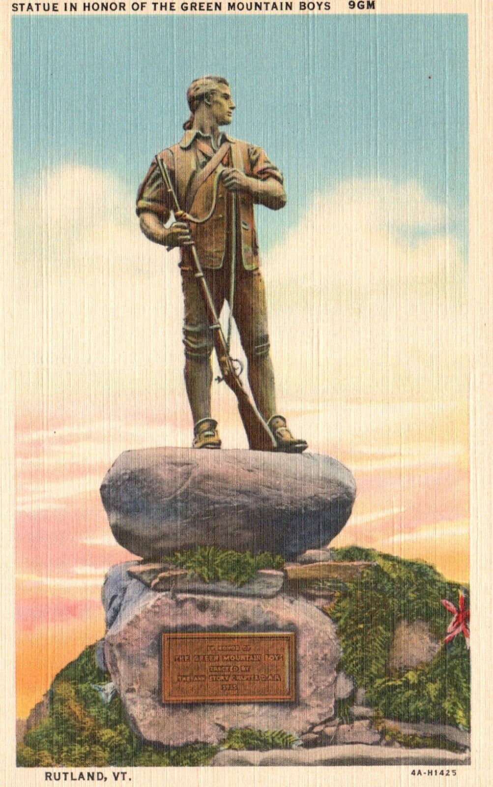 Postcard VT Rutland Vermont Green Mountain Boys Statue 1934 Vintage PC H4185