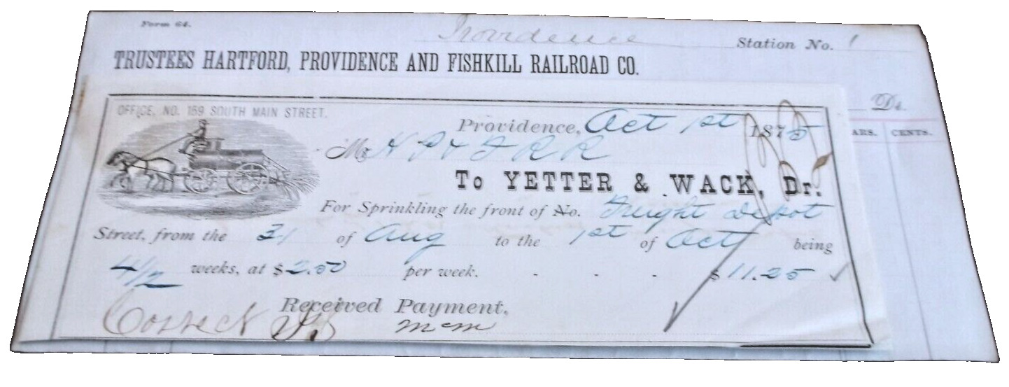 1875 HARTFORD PROVIDENCE & FISHKILL RAILROAD VOUCHER BILLHEAD