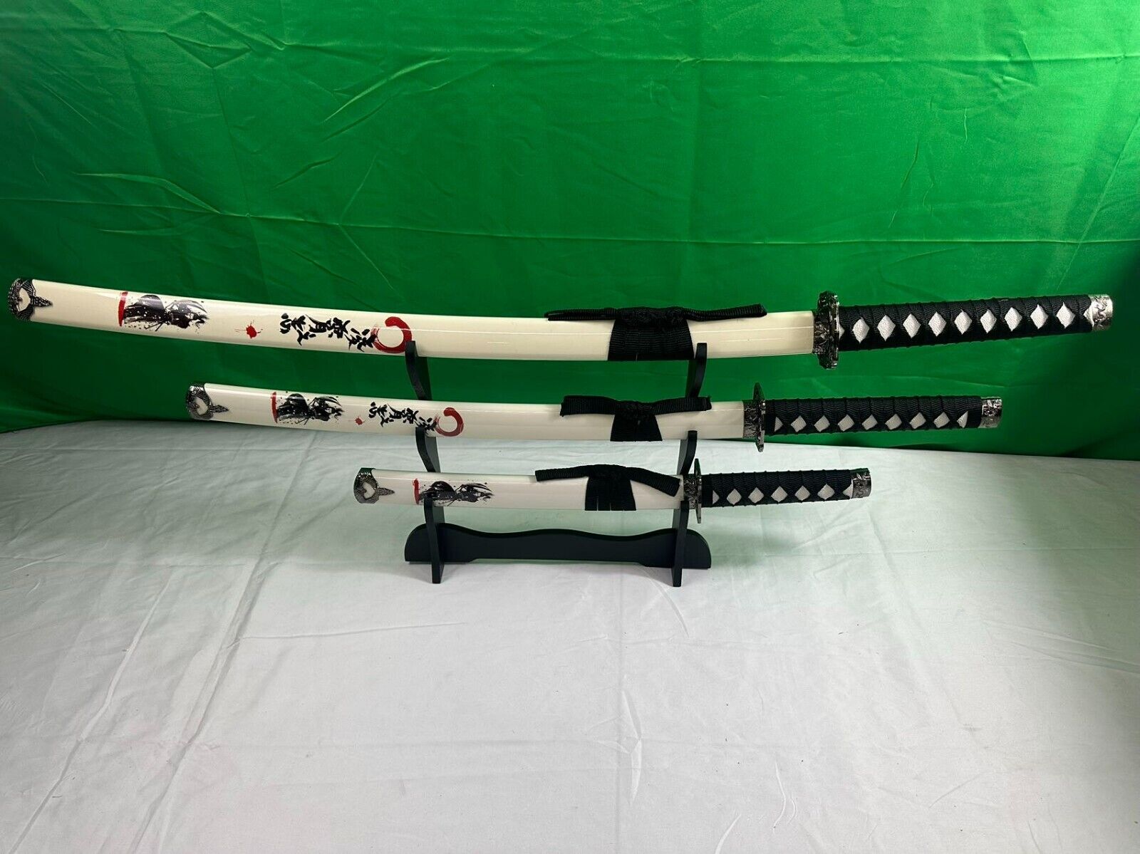 3pc Red Japanese Samurai Katana Sword Set w/ Stand Blade Weapon Collection Decor