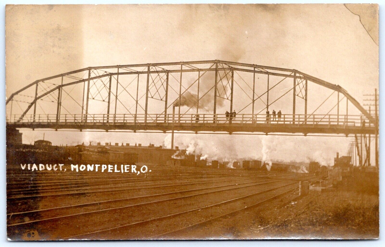 Postcard RPPC OH Montpelier Ohio Viaduct Bridge Wabash Railroad Yard AZO R50