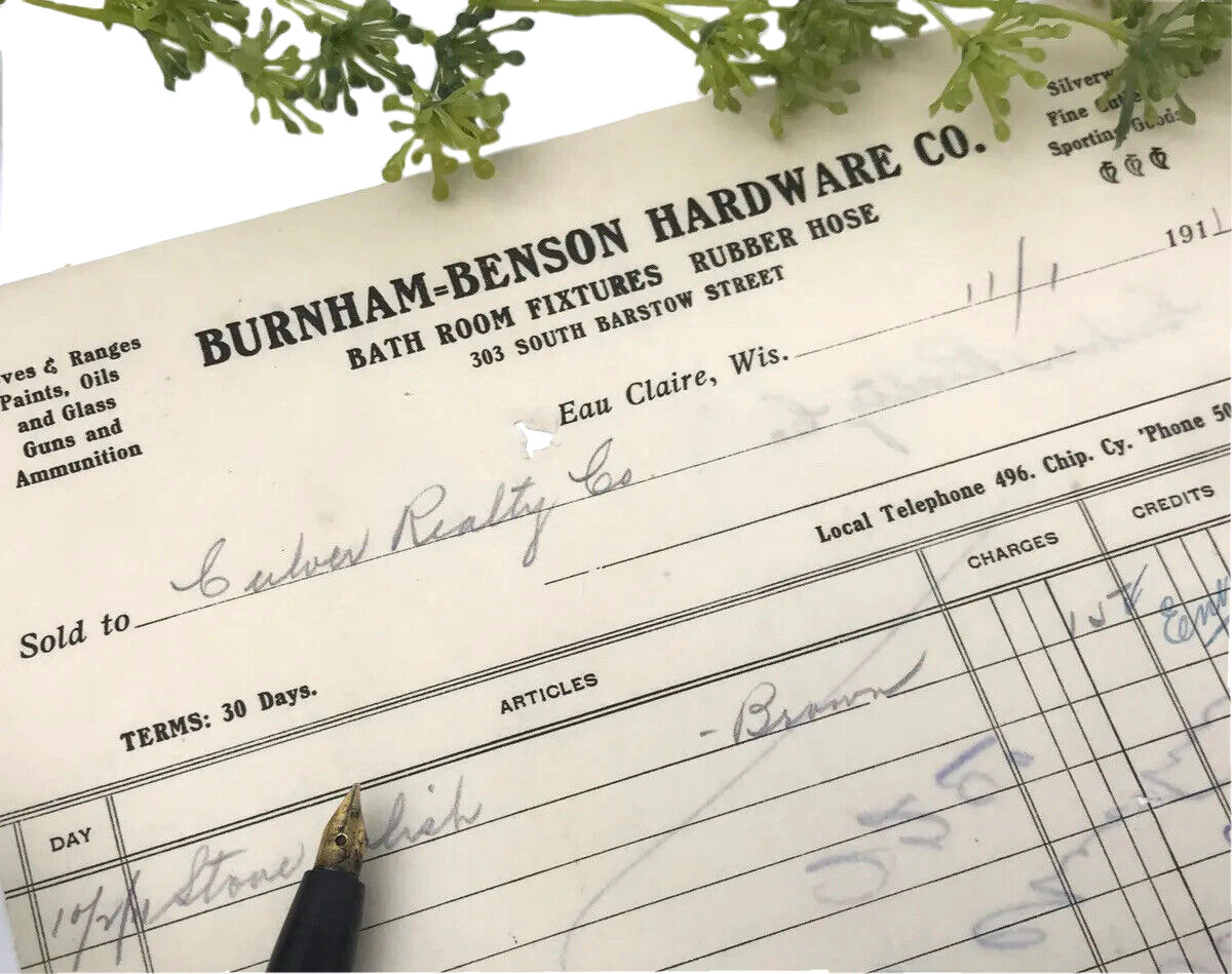 Antique Burnham Benson Hardware Letterhead Invoice Bill Eau Claire WI 1911 #25