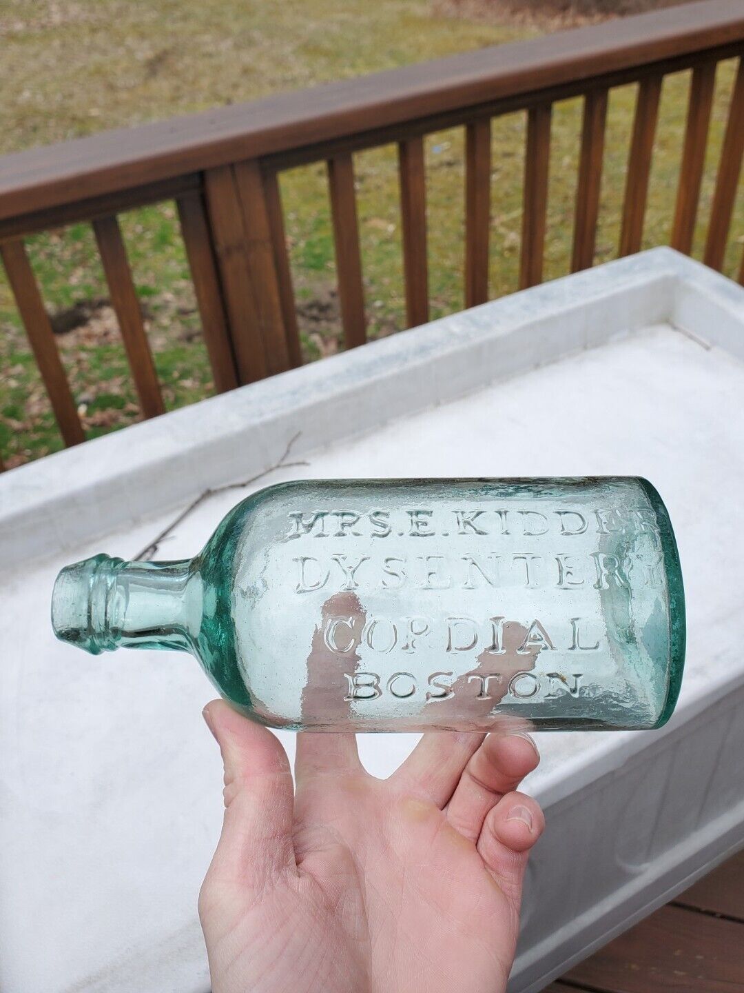 Aqua 1850s Mrs. E Kidder Dysentery Cordial Boston MA Pontil Medicine Bottle