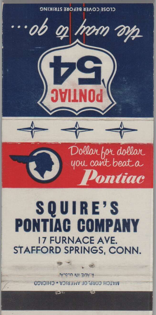 Matchbook Cover - 1954 Pontiac Dealer - Squire's Pontiac Co. Strafford Springs,