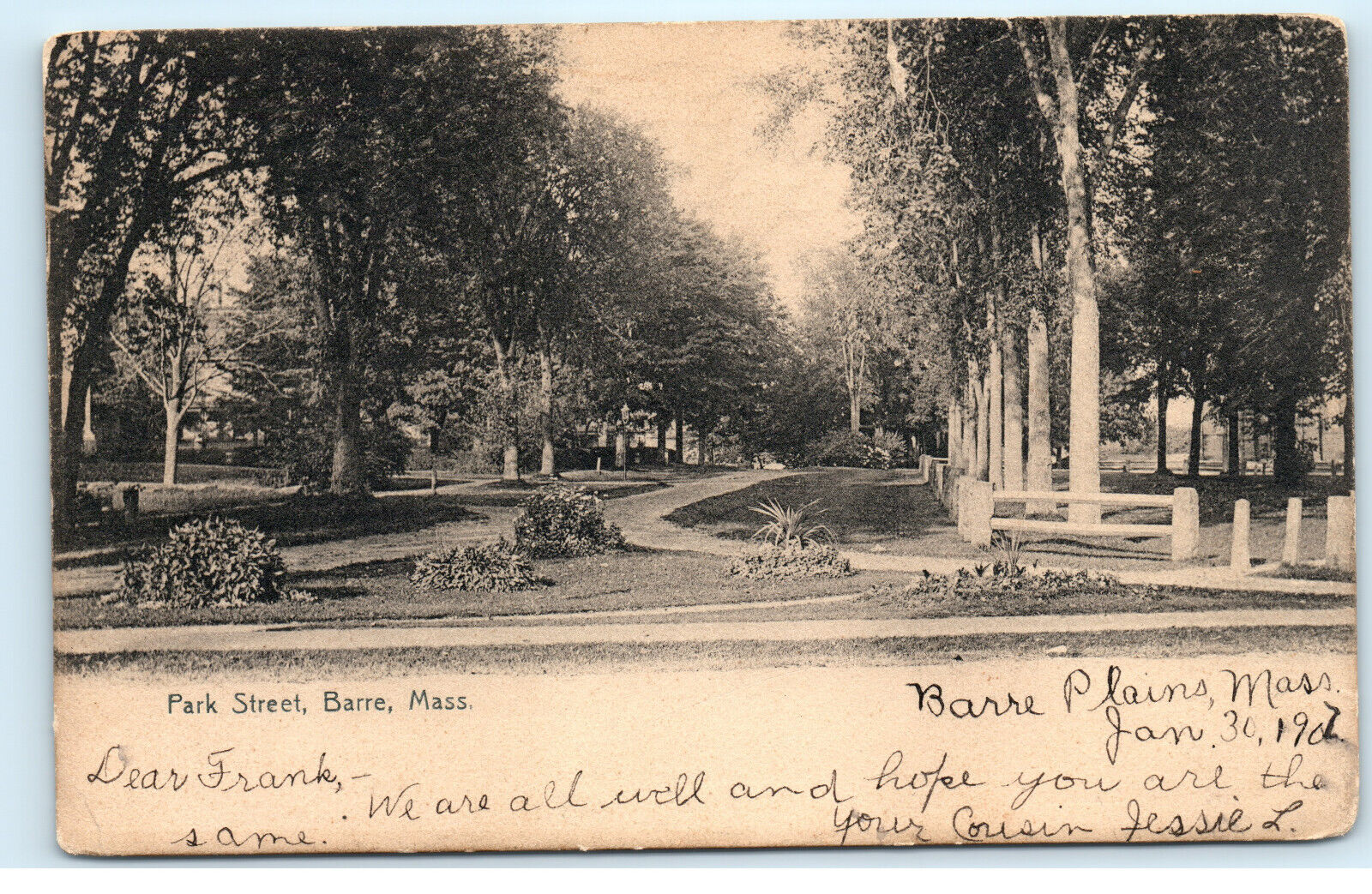 Barre Plains Massachusetts Park Street 1907 Vintage Postcard F12