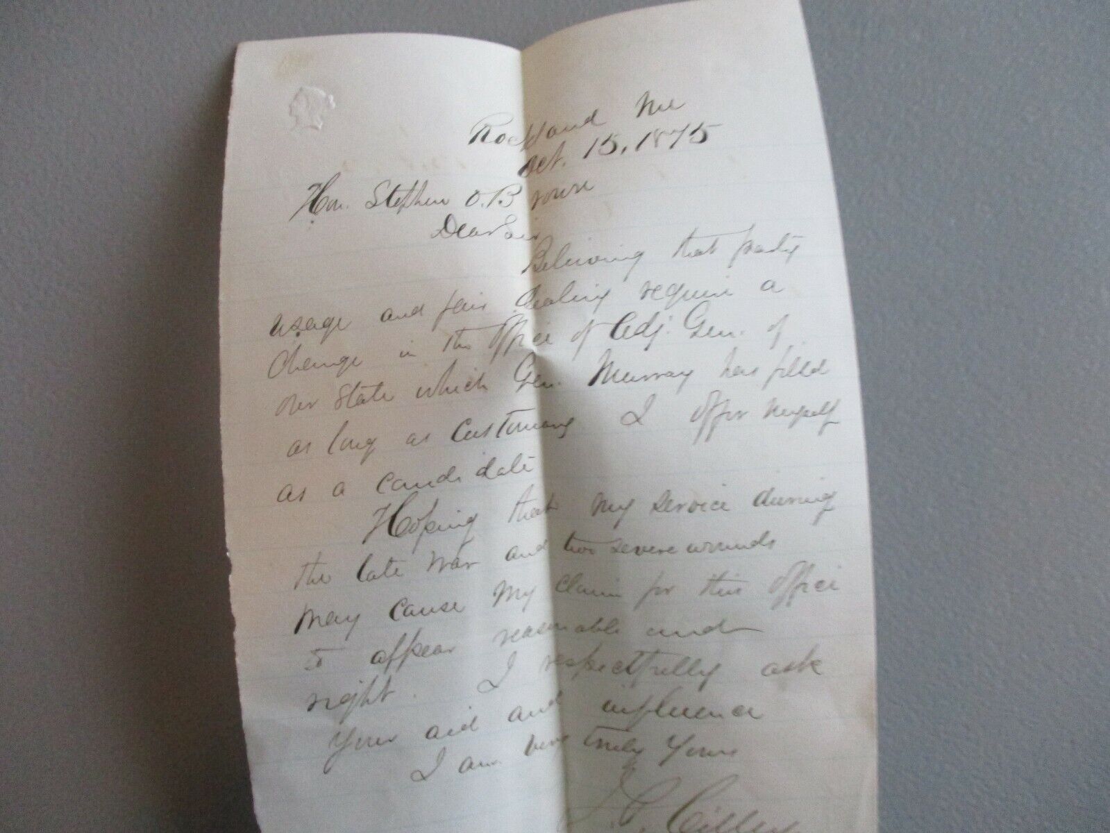 1875 J.P. Cilley Civil War General 1st Vol.,Maine,(Wounded twice) signed letter