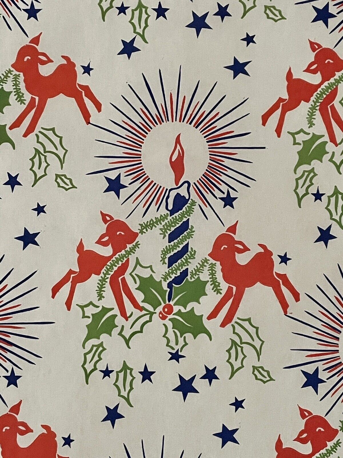 VTG CHRISTMAS WRAPPING PAPER GIFT WRAP  1940s WW2 ERA DEER CANDLE STARS VICTORY