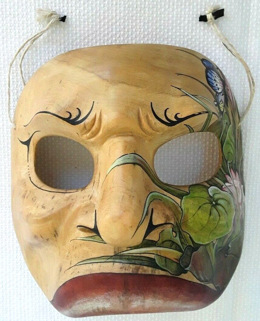 Indonesian Bali FACE MASK Carved Wood Hand Painted Lily Pads Lotus Flower 58L