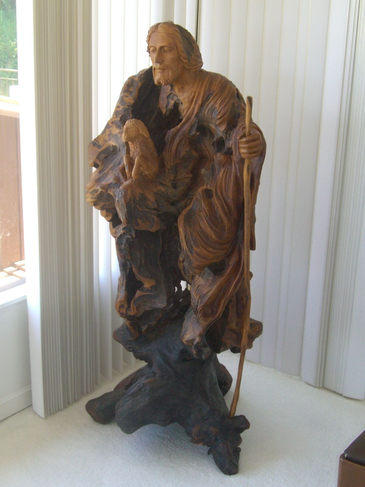 Large, beautiful wooden sculpture of Jesus holding lost lamb 5 feet 