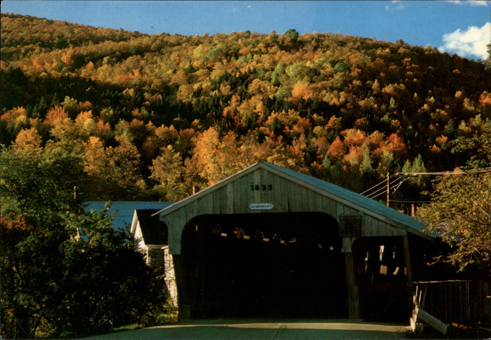 Vermont Waitsfield Village Covered Bridge autumn tree color ~ postcard sku319