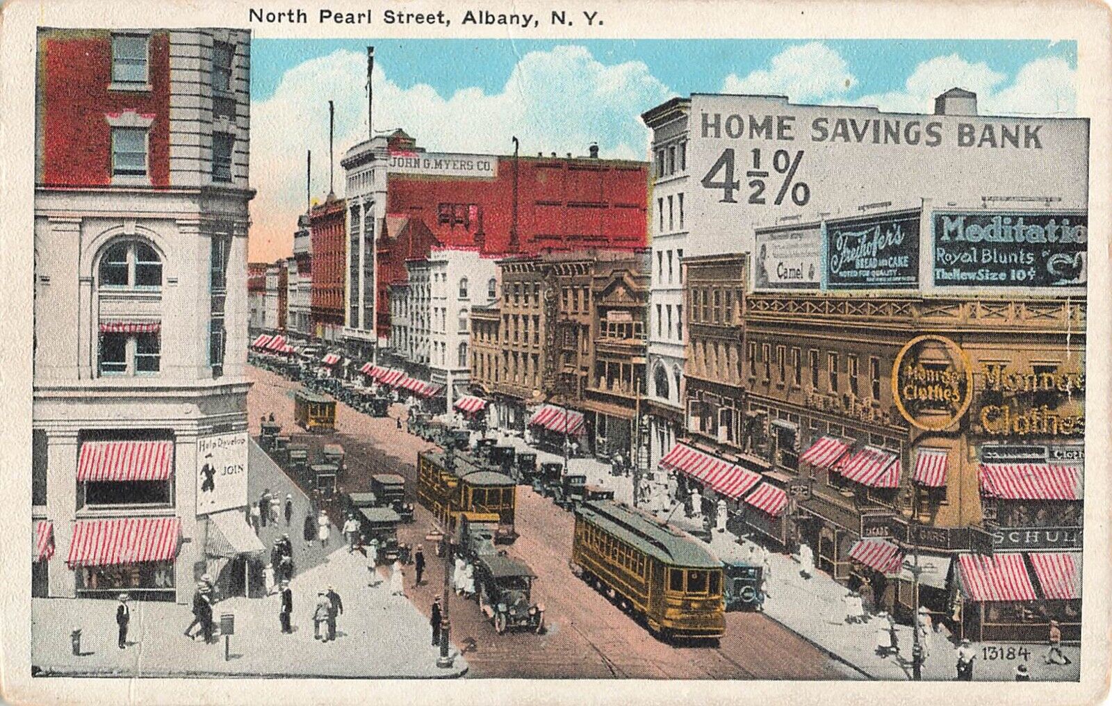 Albany New York Postcard North Pearl Street Trolleys Cars  About 1920s    W2*