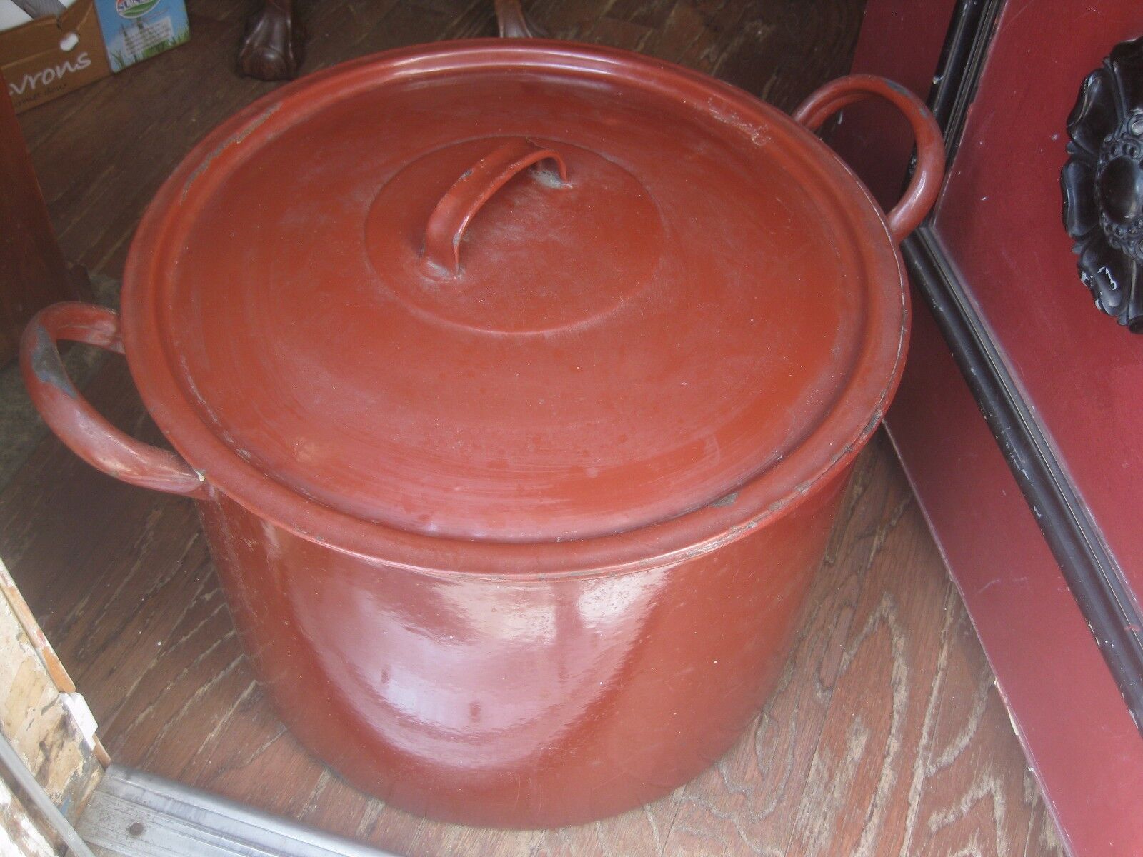 Vintage Brown Enamelware Campfire Cooking Pot Cowboy Stew Pot Cauldron & Lid