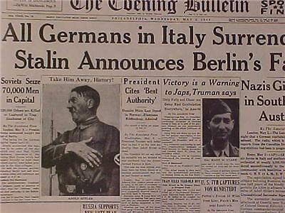 VINTAGE NEWSPAPER HEADLINE~WORLD WAR WWII HITLER GERMANY ITALY NAZI BERLIN FALLS