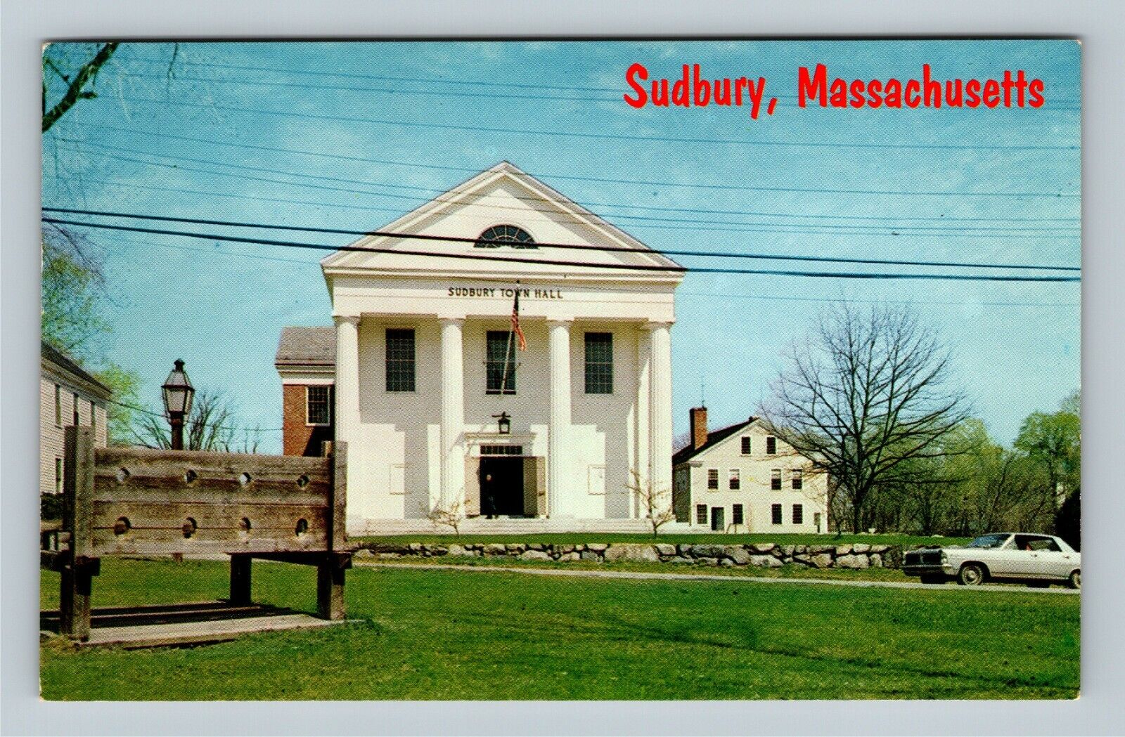 Sudbury MA, Sudbury Town Hall, Village Stocks, Massachusetts Vintage Postcard