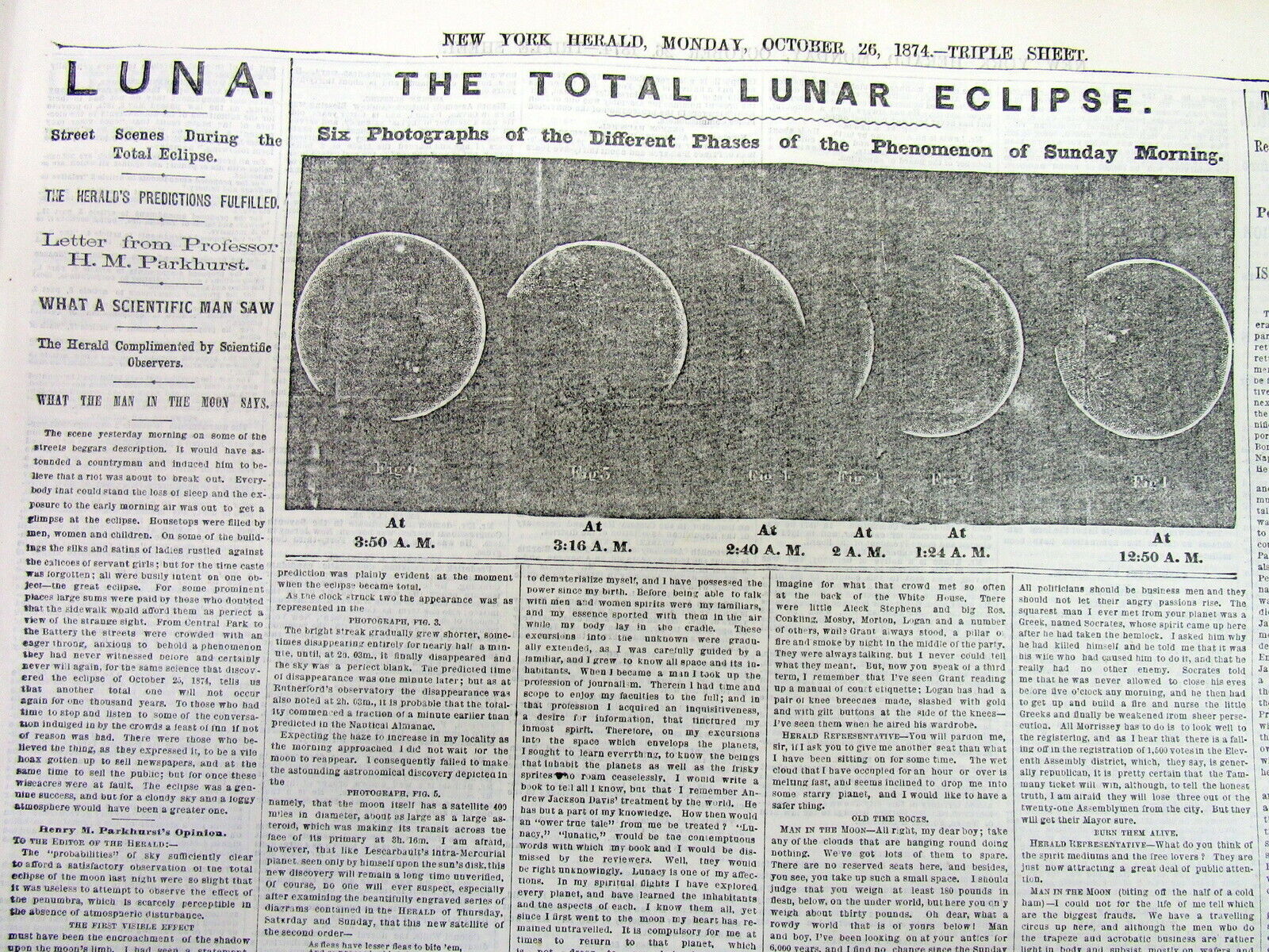 <4 1874 newspapers EARLY PHOTOGRAPHS of LUNAR ECLIPSES Maps & Charts ASTRONOMY