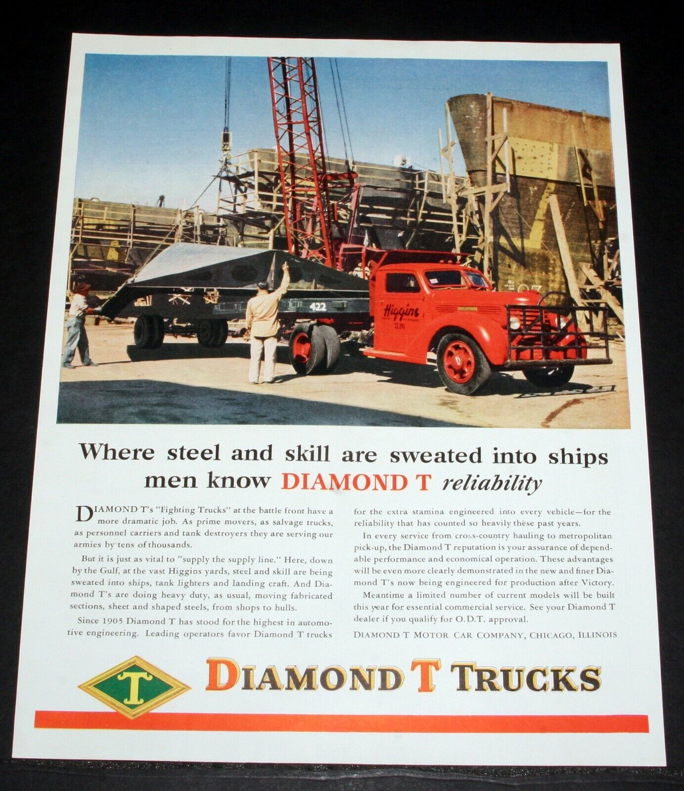 1945 OLD WWII MAGAZINE PRINT AD, DIAMOND T TRUCKS RELIABILITY, STEEL AND SKILL