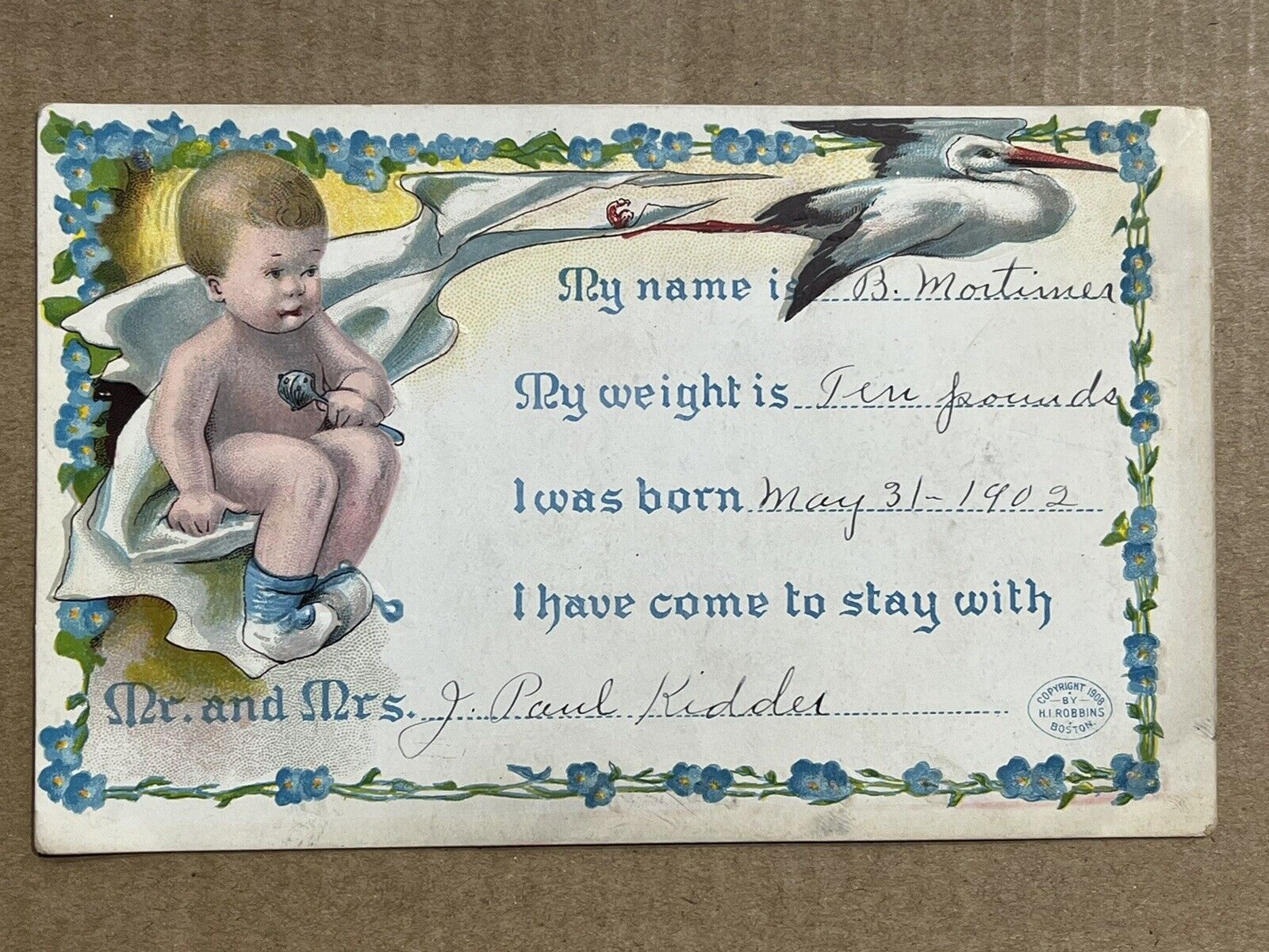 Birth announcement Illinois Kidder Stork Baby Rattle Antique 1908 Postcard