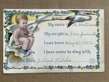 Birth announcement Illinois Kidder Stork Baby Rattle Antique 1908 Postcard picture