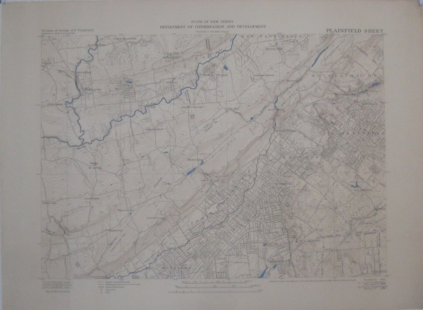 1938 Map PLAINFIELD BERKELEY HEIGHTS STIRLING Watchung Reservation Millington NJ