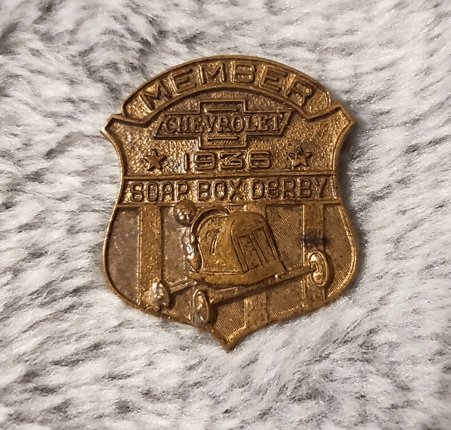 Antique 1936 chevrolet soap box derby member pin