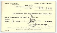 1905 WILLIAMSVILLE NY STATE DEPT OF HEALTH BIRTH/DEATH/MARRIAGE REPORT CARD P714 picture