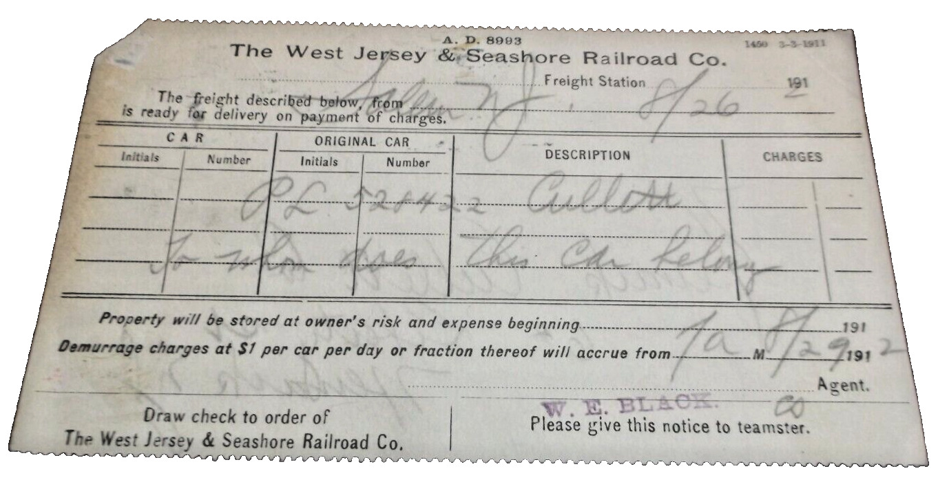 1912 WEST JERSEY & SEASHORE RAILROAD PRR SALEM NJ FREIGHT DELIVERY POST CARD