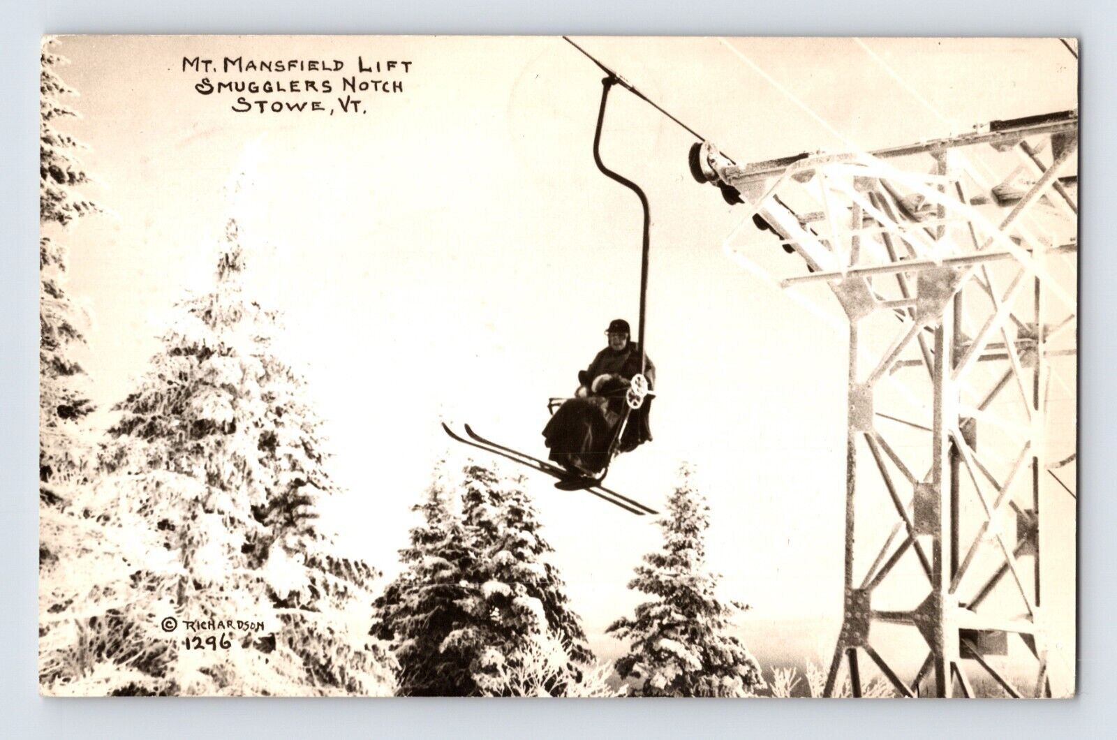 Postcard RPPC Vermont Stowe VT Mt Mansfield Ski Chair Lift Smugglers Notch 1949