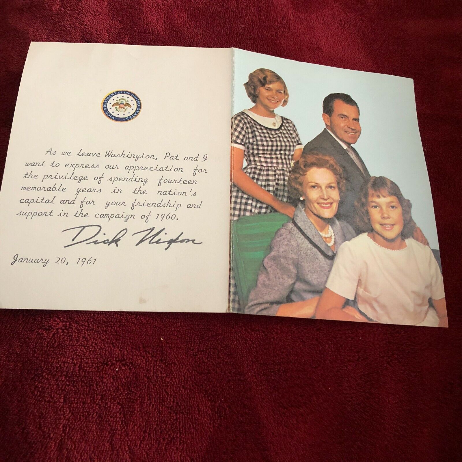 Richard Nixon 1961 Goodbye Card 