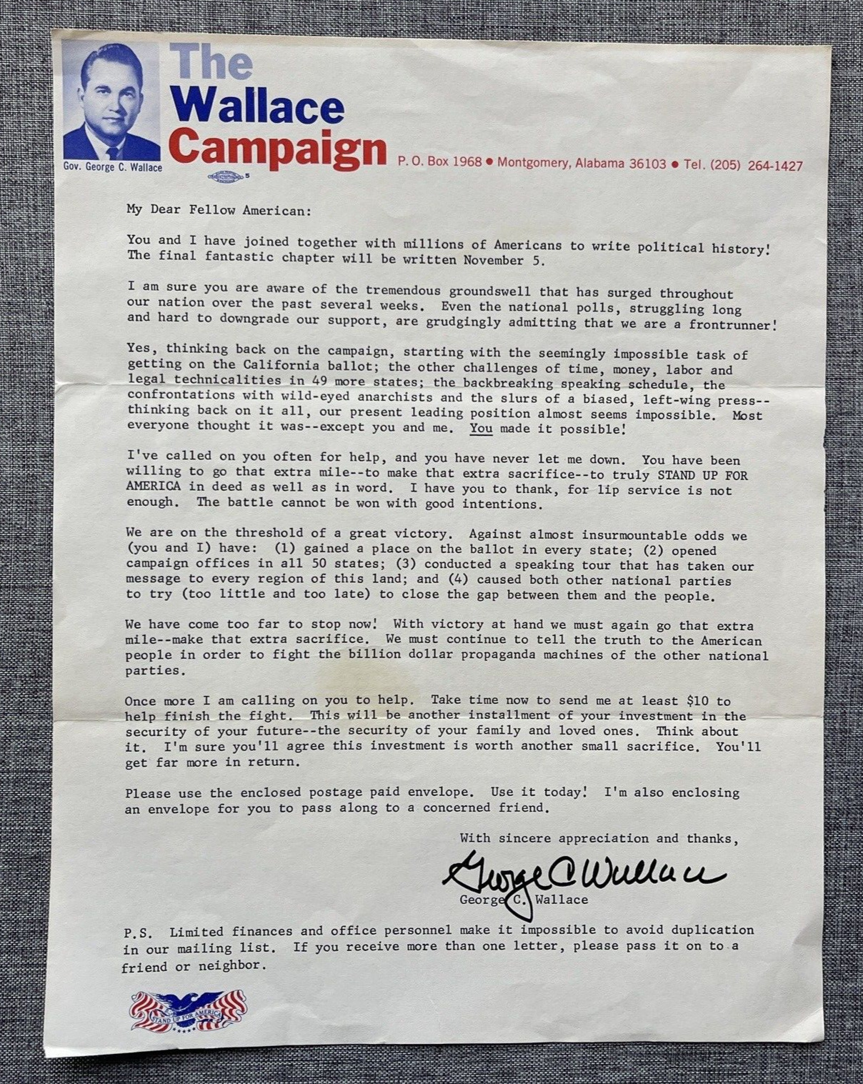 Gov George C Wallace The Wallace Campaign Montgomery Alabama Campaign Letter