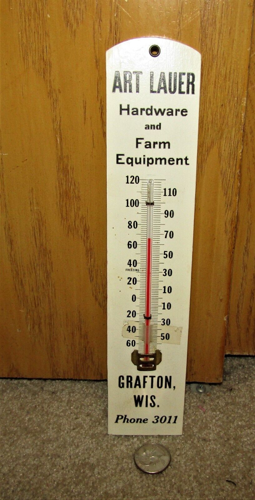 1940\'s ART LAUER farm equipment GRAFTON, WISCONSIN wood thermometer
