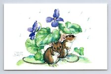 April Shower By Artist Molly Brett Mice Mouse Under Flowers Chrome Postcard picture