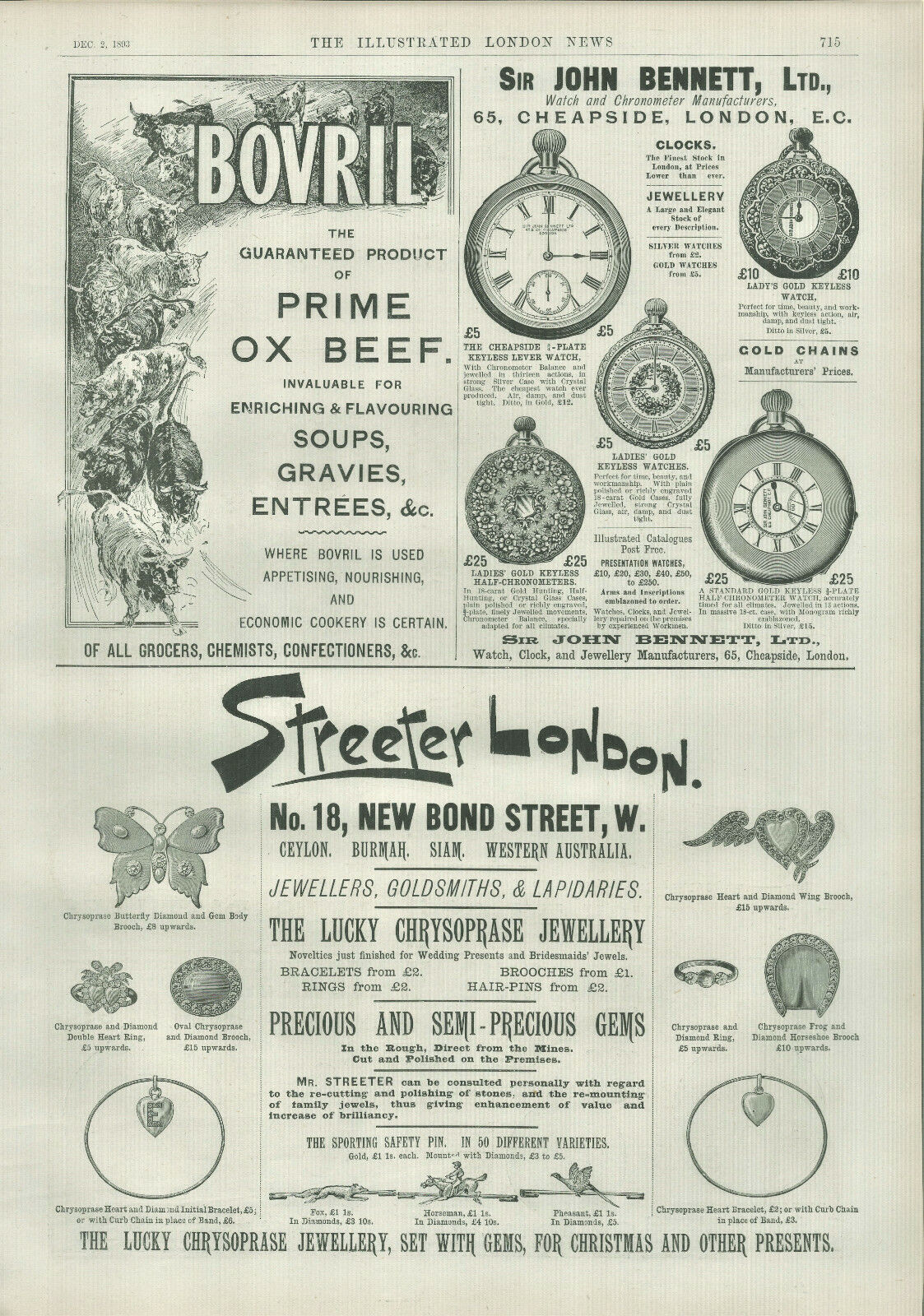 Antique B&W Advertisement Print Bovril & John Bennett & J W Benson Watches 1893